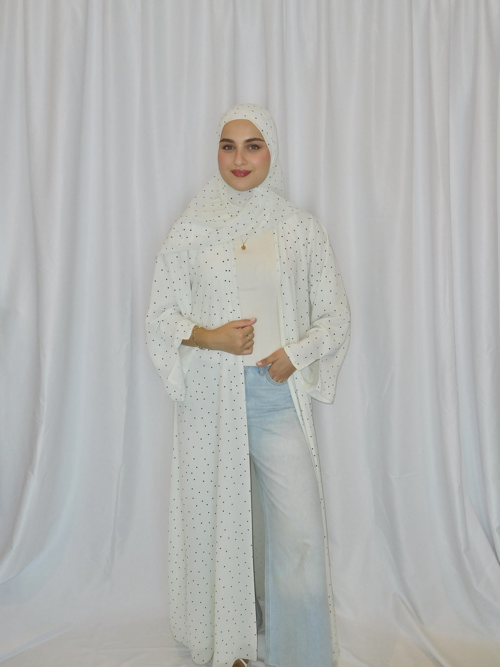 Cream Dotted Print Abaya