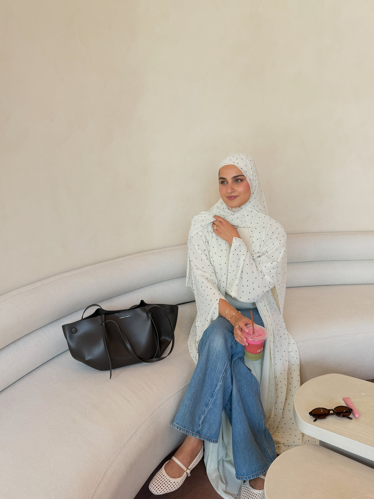 Cream Dotted Print Abaya