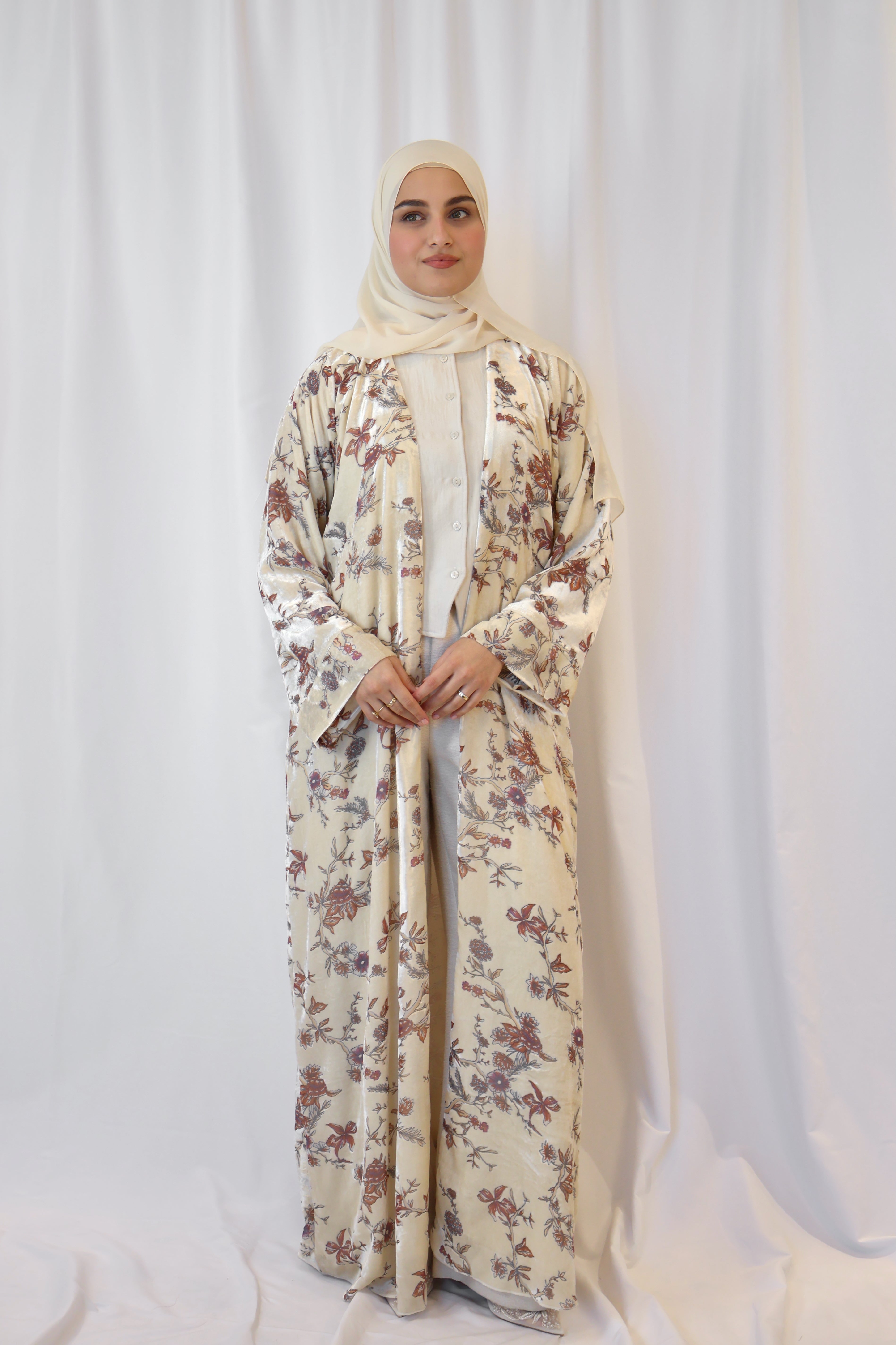 Cream Velvetine Print Abaya